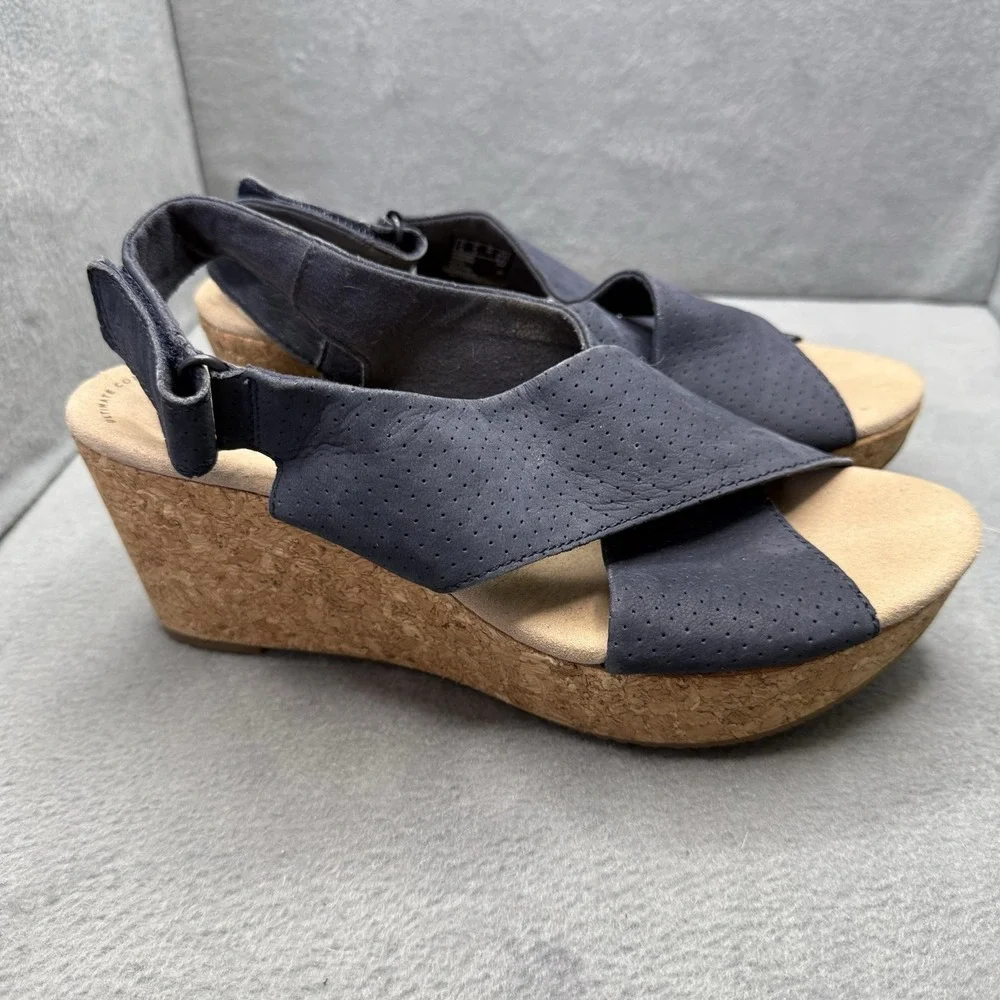 Clarks Annadel Parker Black Open Toe Cork Wedge Sandals Comfort Shoes Sz 9
